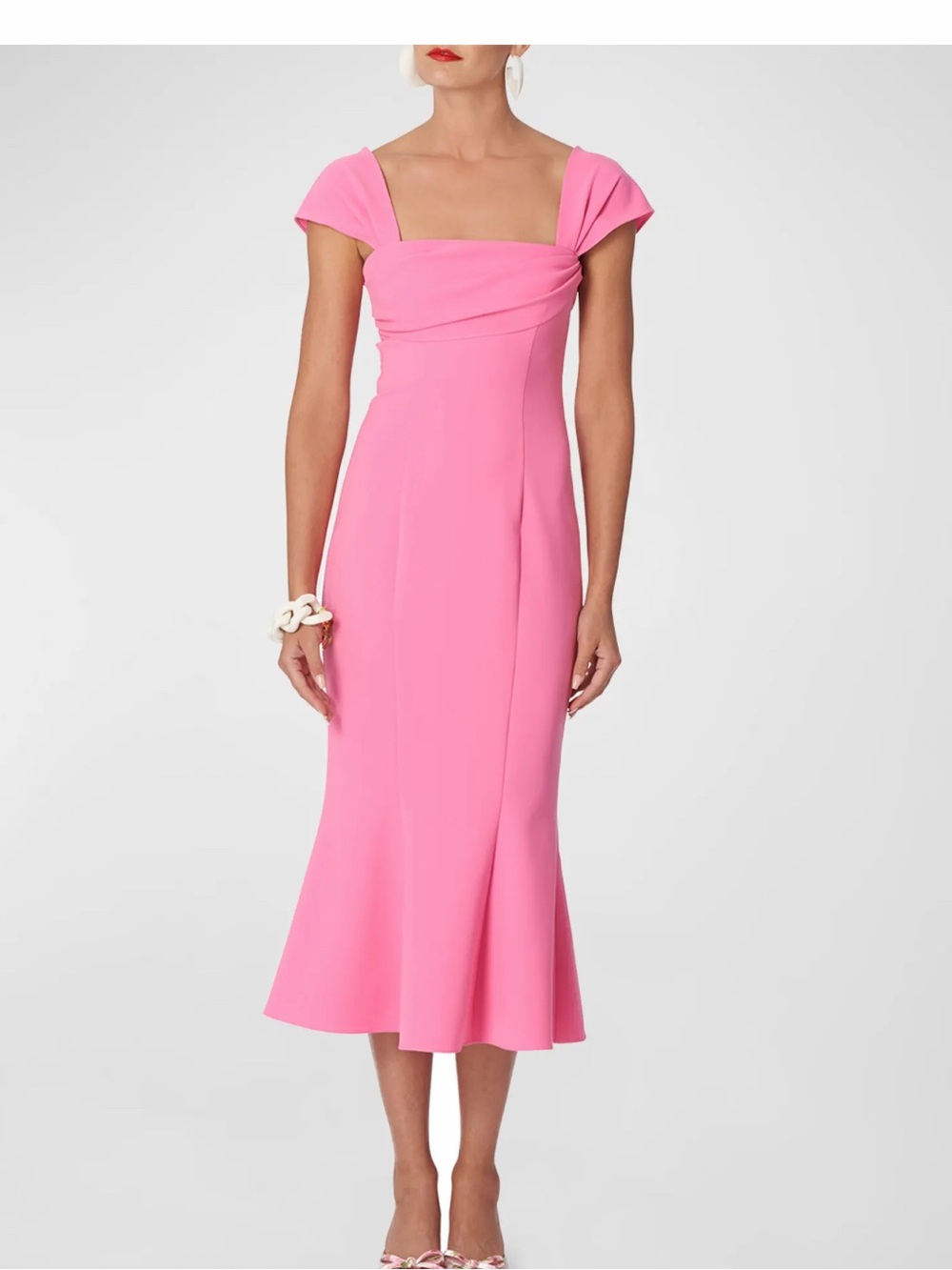 Carolina Herrera Draped Square-Neck Cap-Sleeve Trumpet Midi Dress size 8